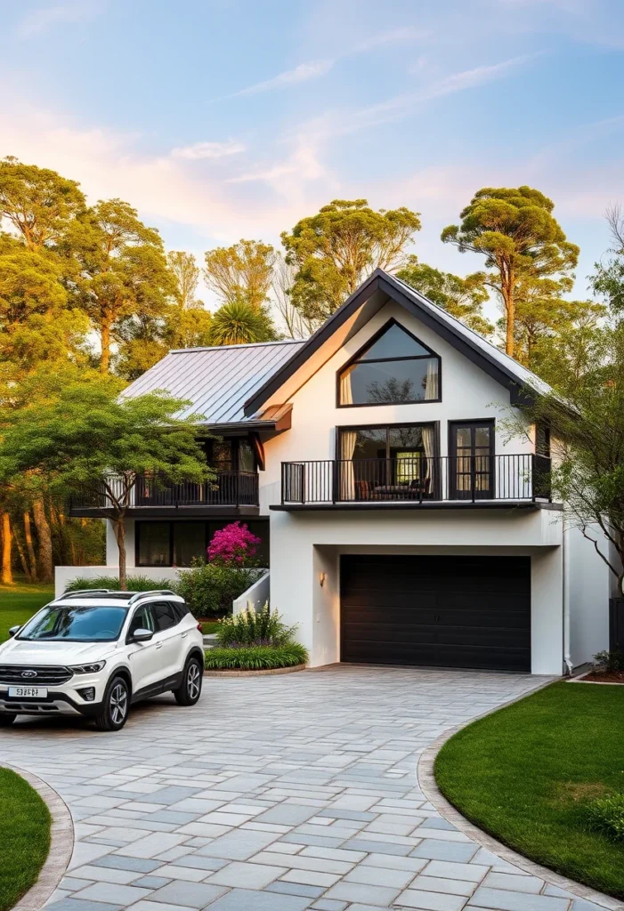 Luxury home with clean lines, gable roof, and large windows.