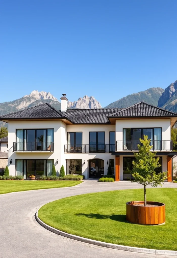 Luxury home with contrasting roof, window frames, and geometric landscaping.