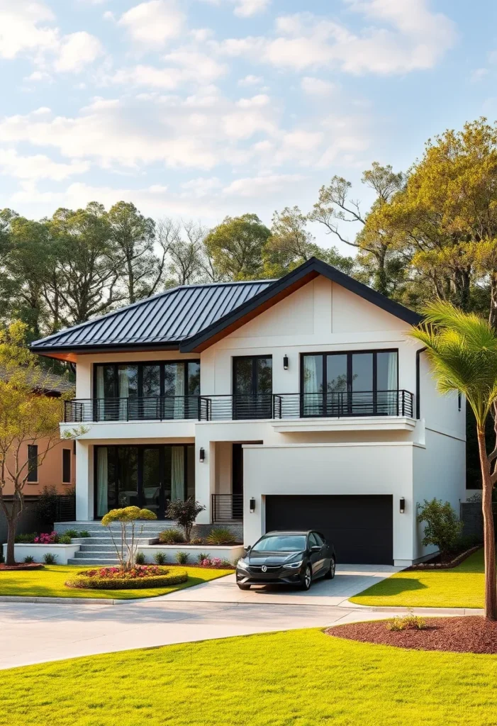 Luxury home with elevated foundation and mixed window sizes.