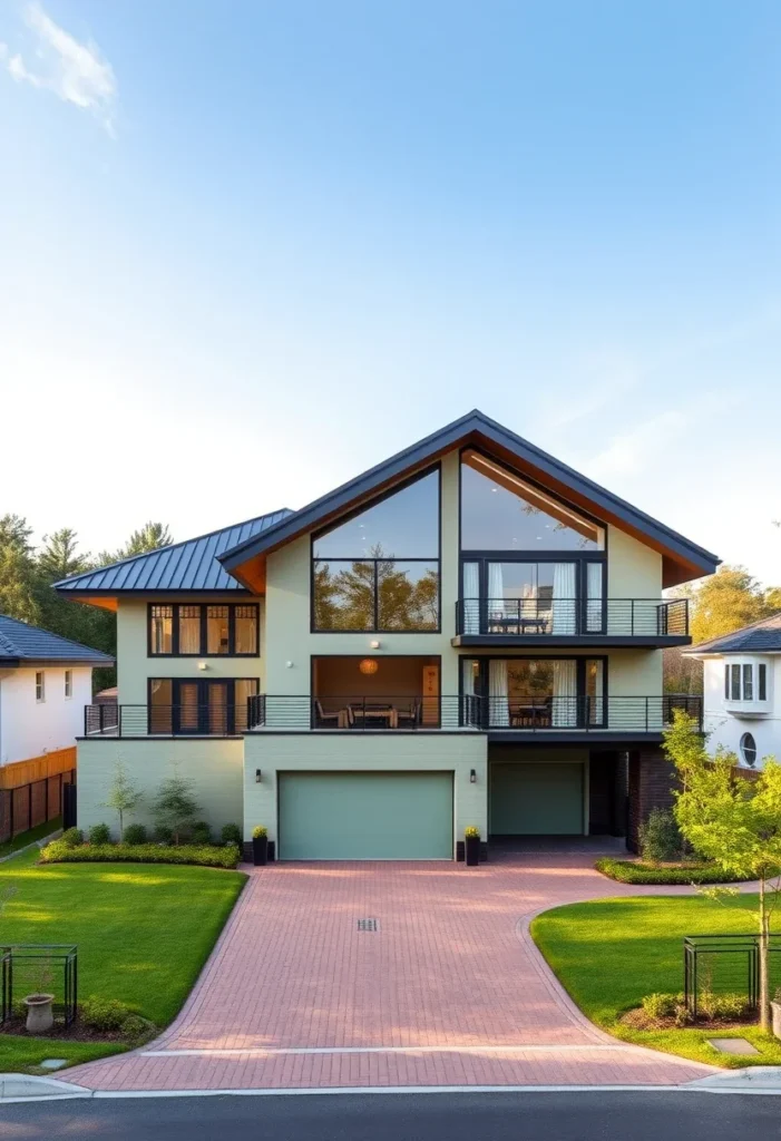 Luxury home featuring a dramatic angled roofline and extensive glazing.