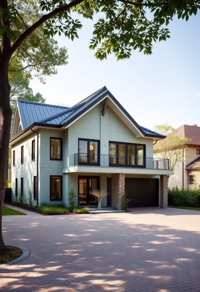 Modern home with contrasting materials and dark window trim.