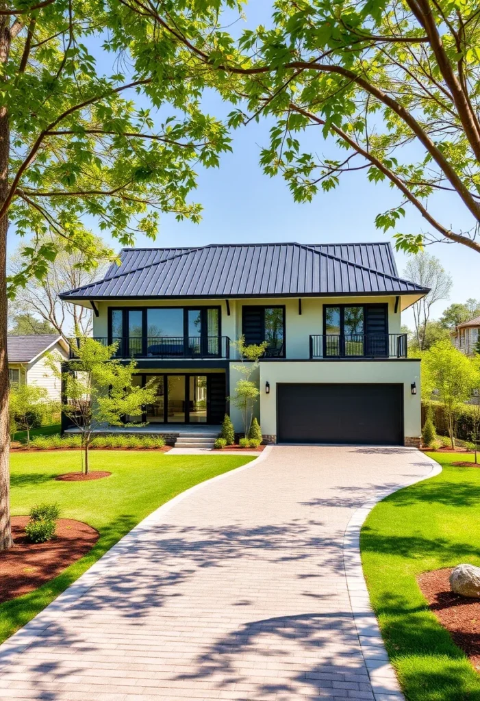 Luxury home with a defined entryway and long driveway.