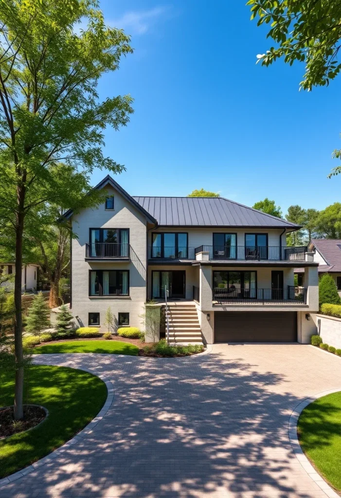 Multi-level luxury home with an elevated entrance and mature trees.