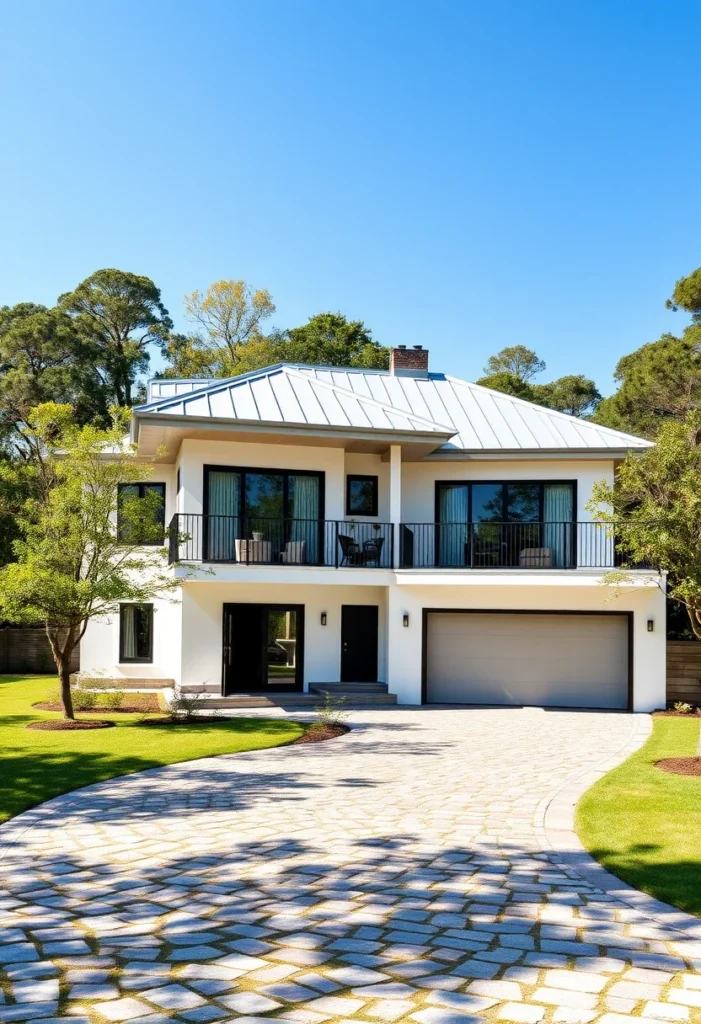 Symmetrical luxury home with clean architectural lines and balcony.