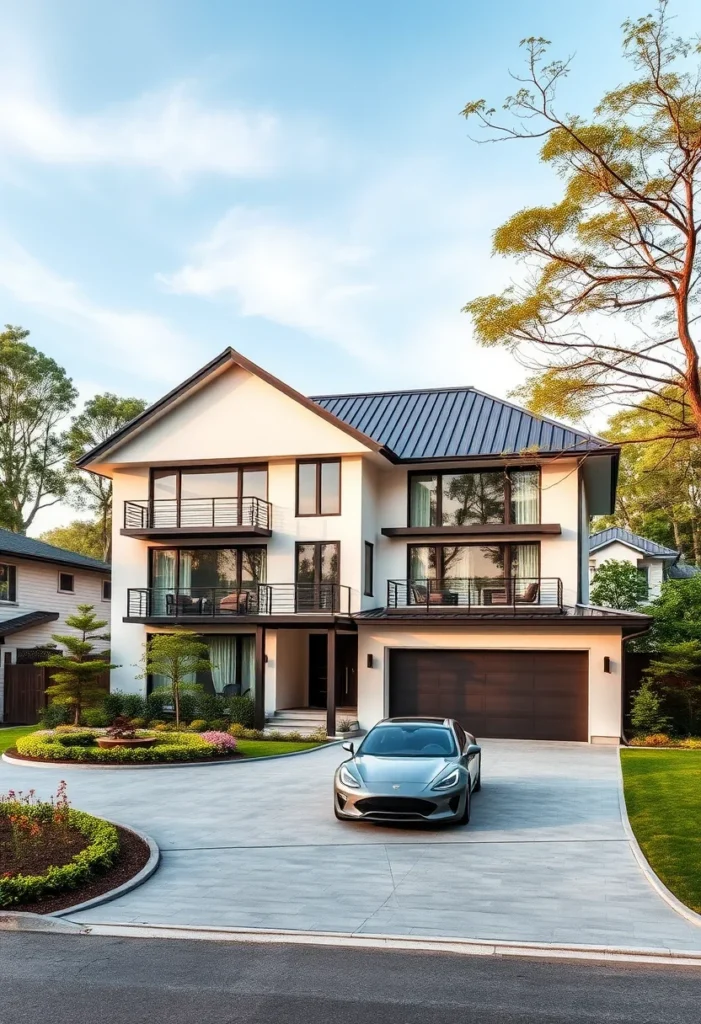 Luxury home with recessed lighting, multiple balconies, and curated landscaping.