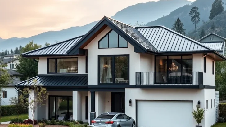 Modern farmhouse luxury home with a large central window and clean lines.