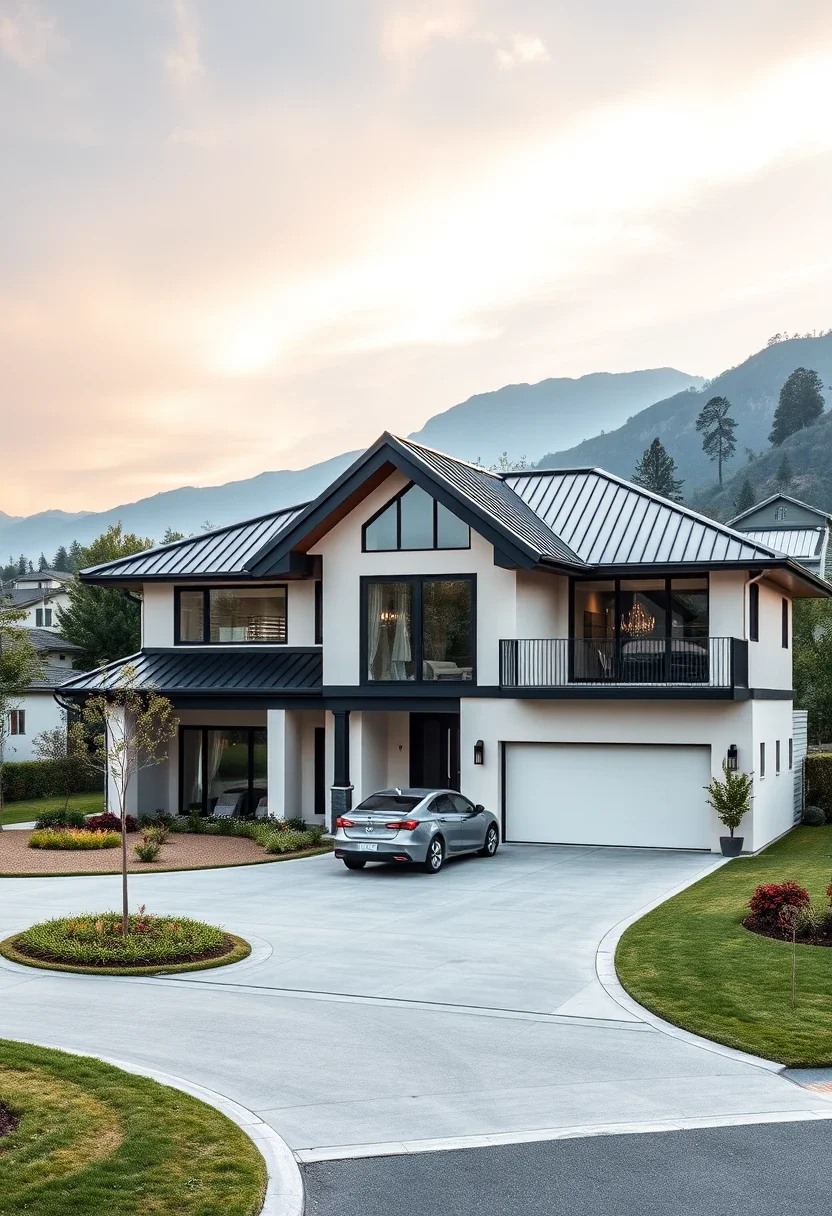 Modern farmhouse luxury home with a large central window and clean lines.