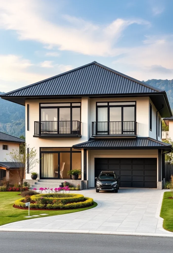 Luxury home with a bold black garage door and colorful landscaping.