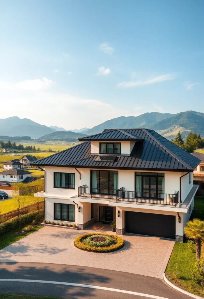 Luxury home with integrated lighting, balconies, and a circular driveway.