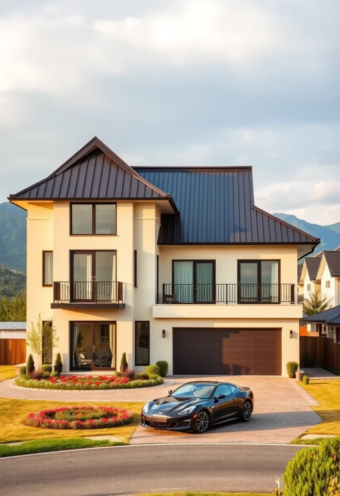 Luxury homes with varied window sizes and a dark roof.