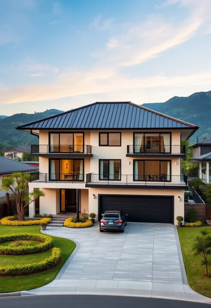 Luxury homes with curved landscaping and stone steps.