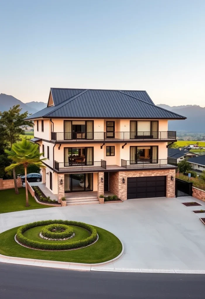 Luxury homes with stone detailing, multiple balconies, and circular landscaping.