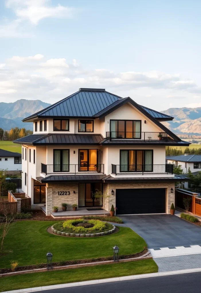 Luxury homes with cohesive design, black trim, and light facade.