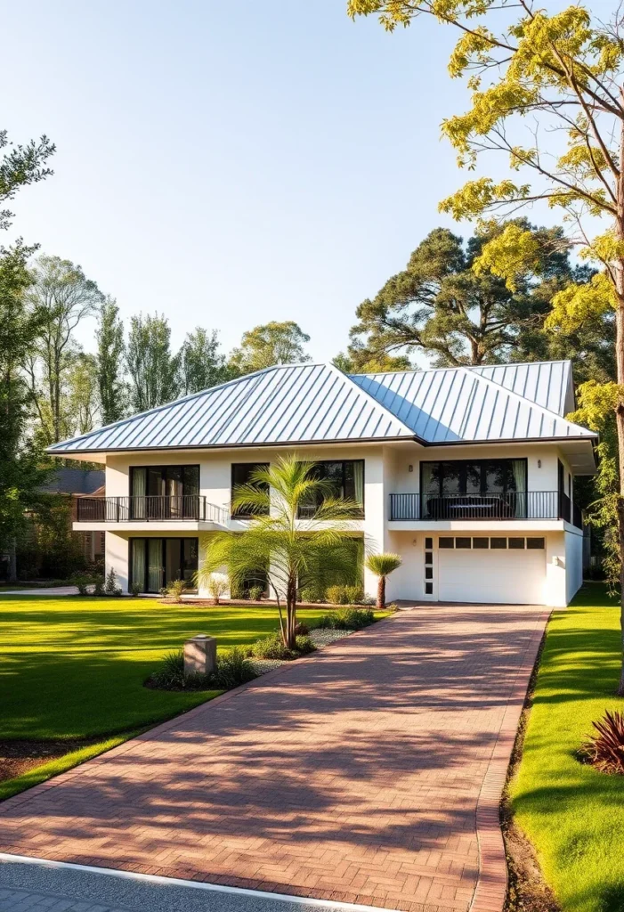 Modern luxury home with horizontal lines and light-colored roof.