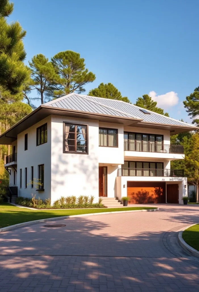 Luxury home with deep eaves, clean lines, and wood-tone garage.