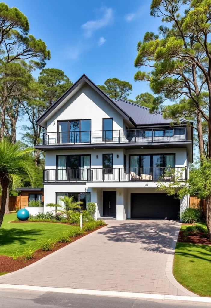 Modern home with vertical and horizontal lines, black accents.