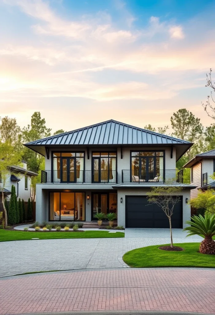 Luxury home with prominent metal roof and expansive glass.