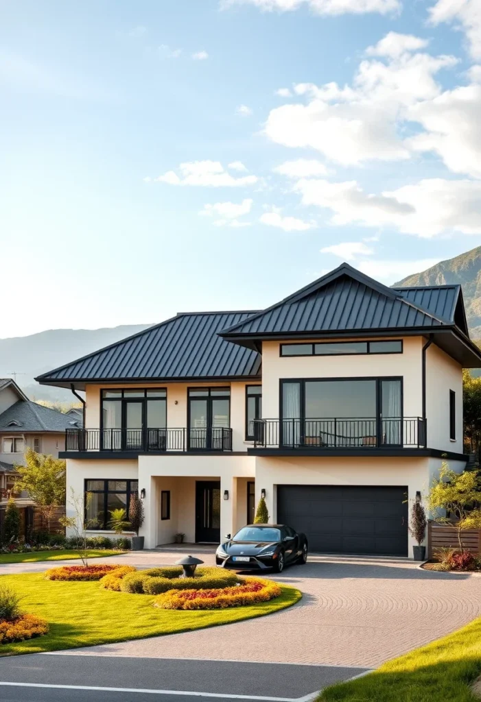 Open concept luxury home with black accents and clean lines.