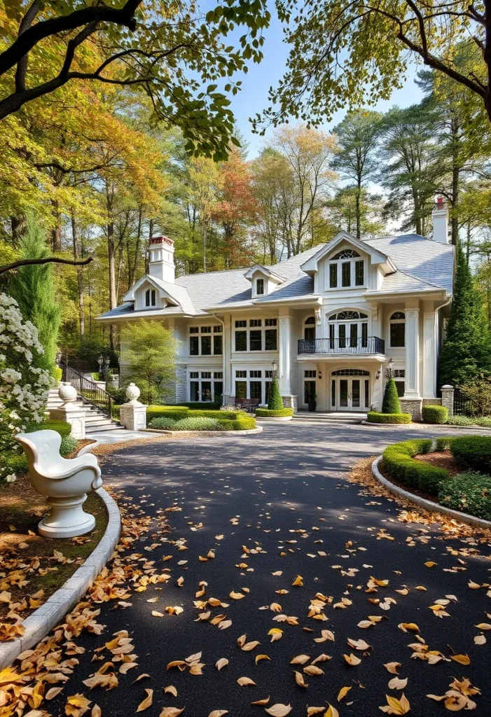 Luxury Mansion Facade with Beautiful Landscaped Driveway and Mature Trees.