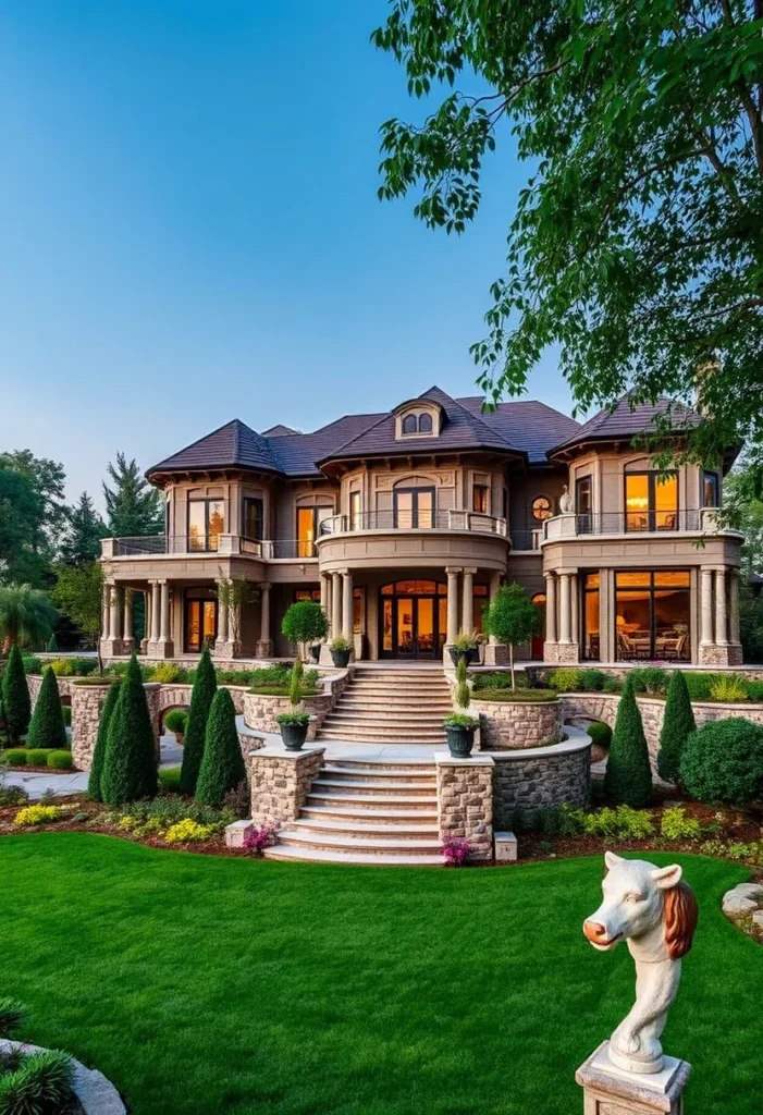 : Multi-Level LuxuMansion with Terraced Landscaping and Grand Staircase.