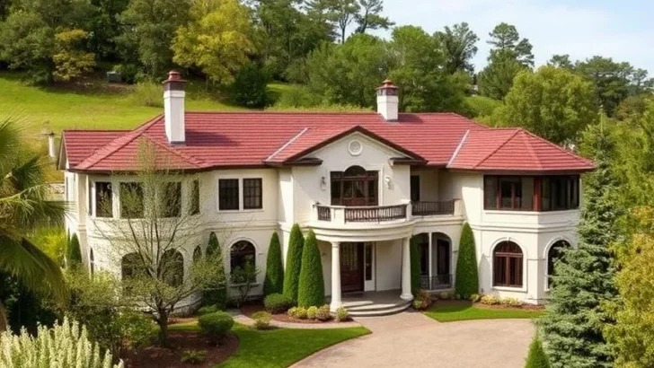 Luxury Hillside Estate with Red Tile Roof and Expansive Grounds.