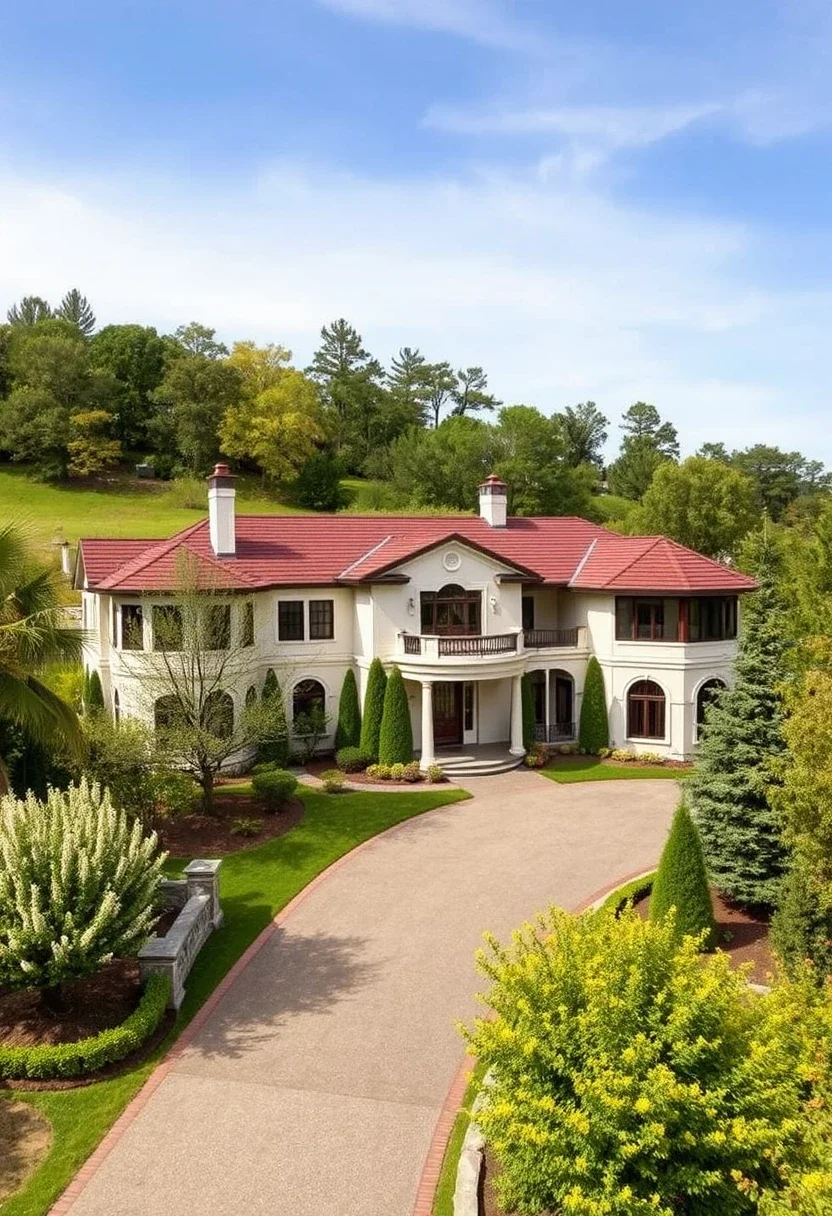 Luxury Hillside Estate with Red Tile Roof and Expansive Grounds.