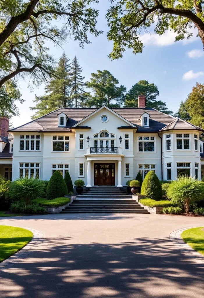 Luxury Mansion with Symmetrical Facade and Formal Landscaping.