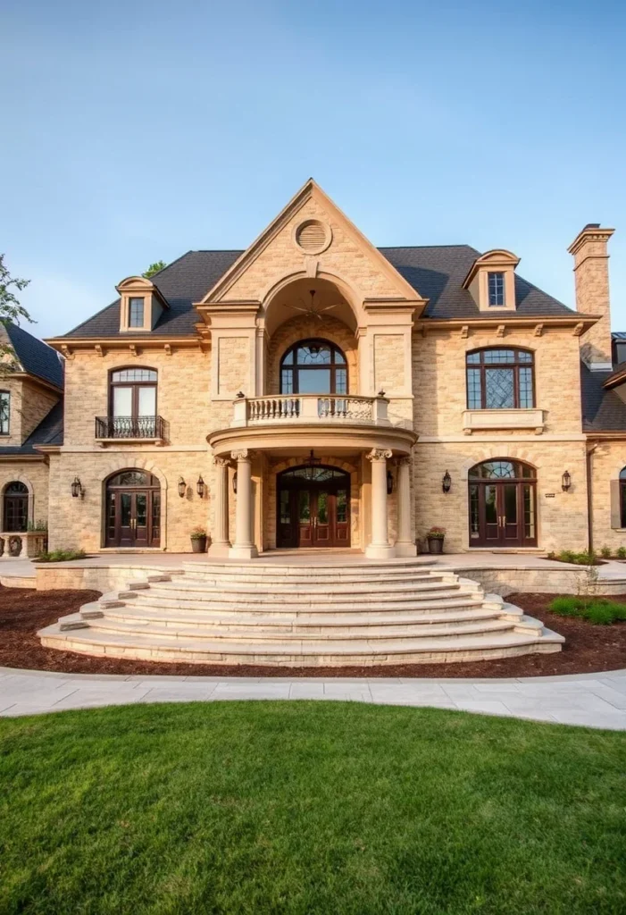 Luxury Stone Mansion with Grand Staircase and Arched Entryway.