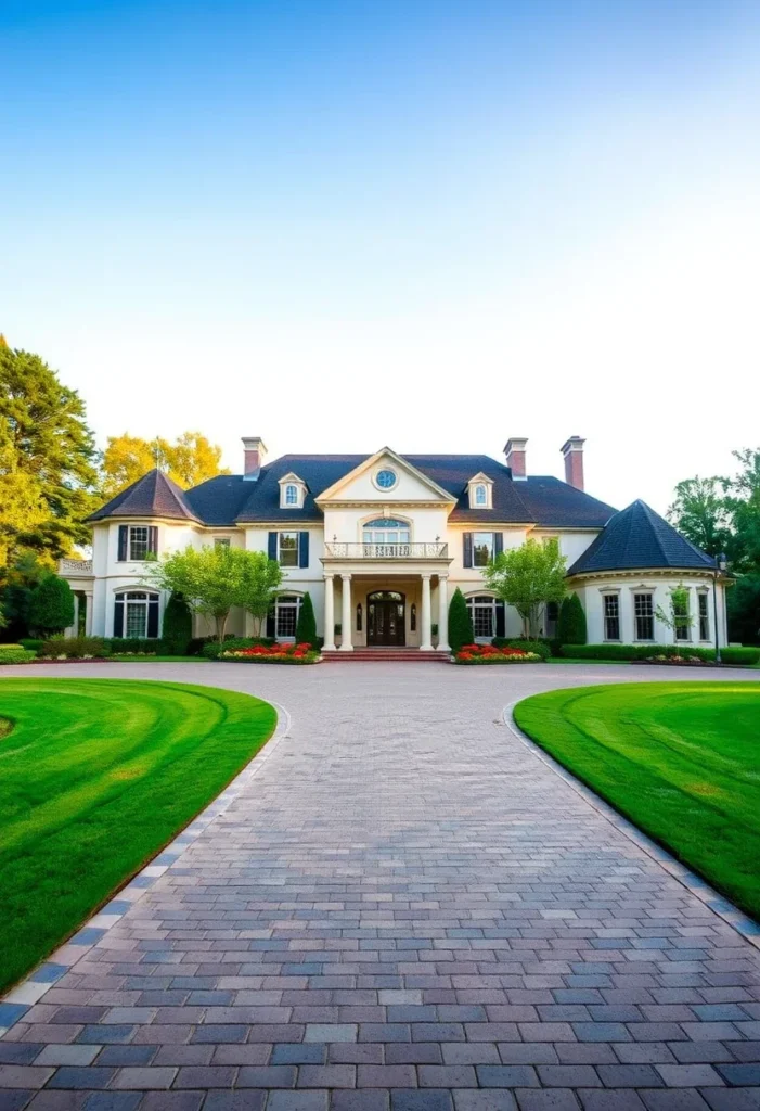 Luxury Mansion with Long Driveway and Expansive Green Lawn.