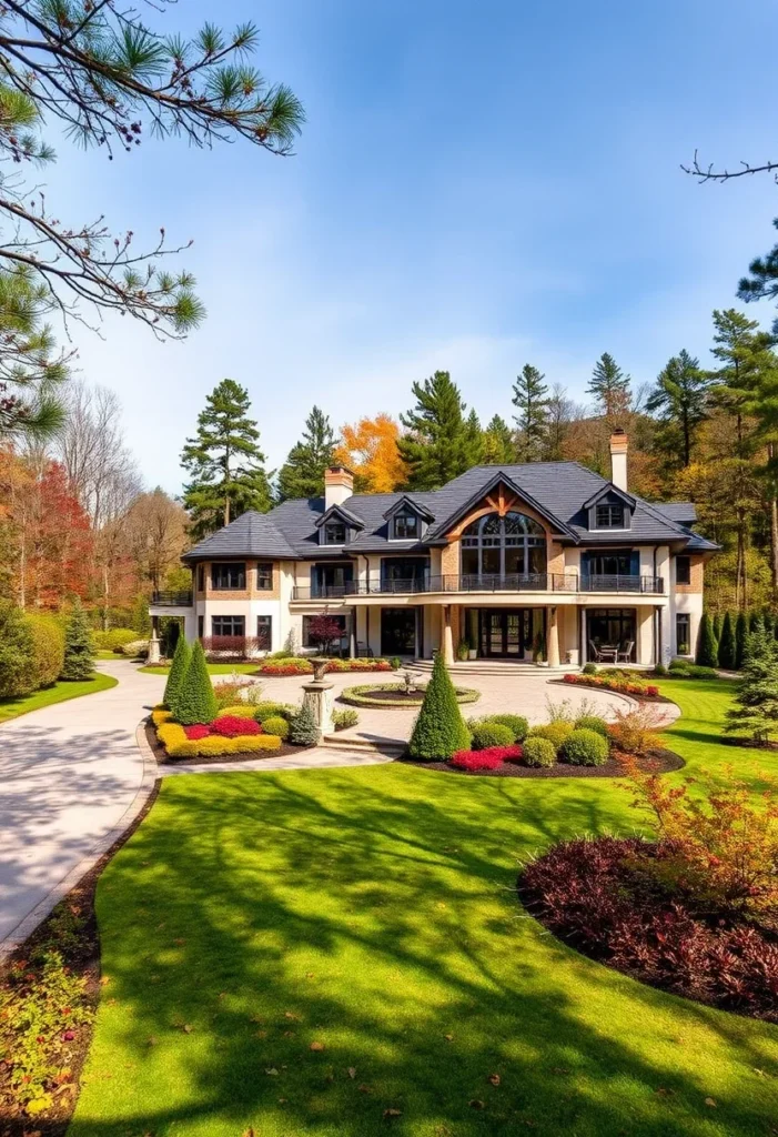 Modern Luxury Mansion with Central Fountain and Landscaped Grounds.