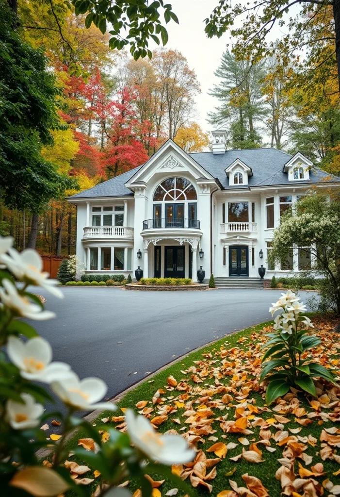 Luxury Mansion with Grand Windows and Fall Foliage Outdoor Design.