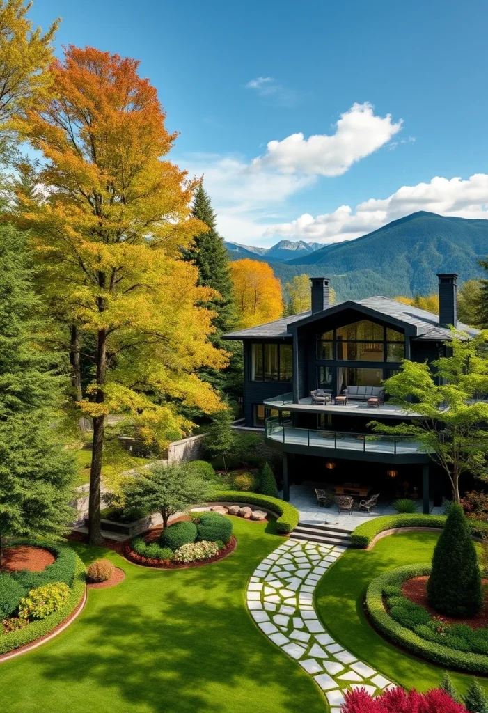 Modern Luxury Home with Curving Garden Path and Lush Landscaping.