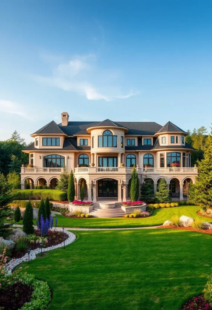 European-Inspired Luxury Mansion with Arched Windows and Formal Gardens.