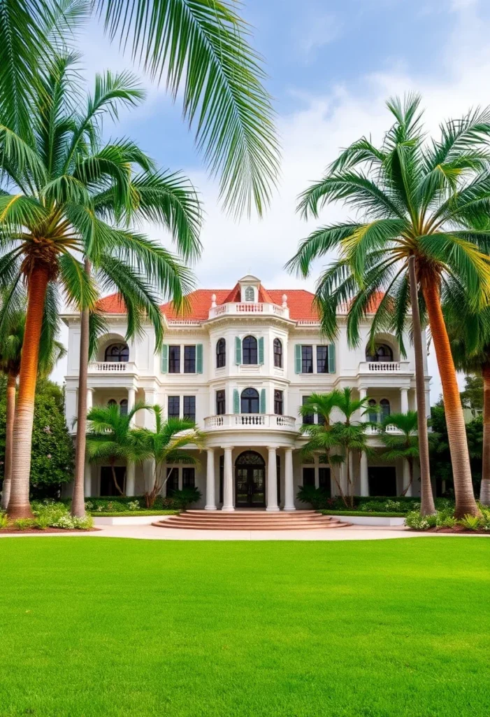 Luxury Mansion Surrounded by Palm Trees and Expansive Lawn.