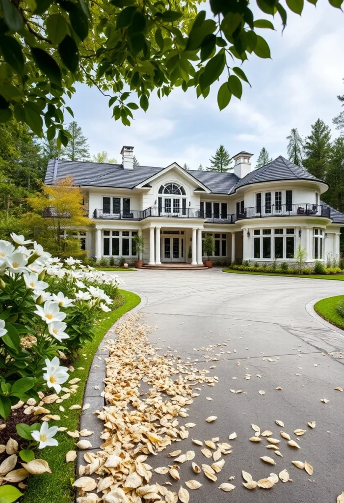 Luxury Mansion with Curved Architecture, Multiple Balconies, and Elegant Landscaping.