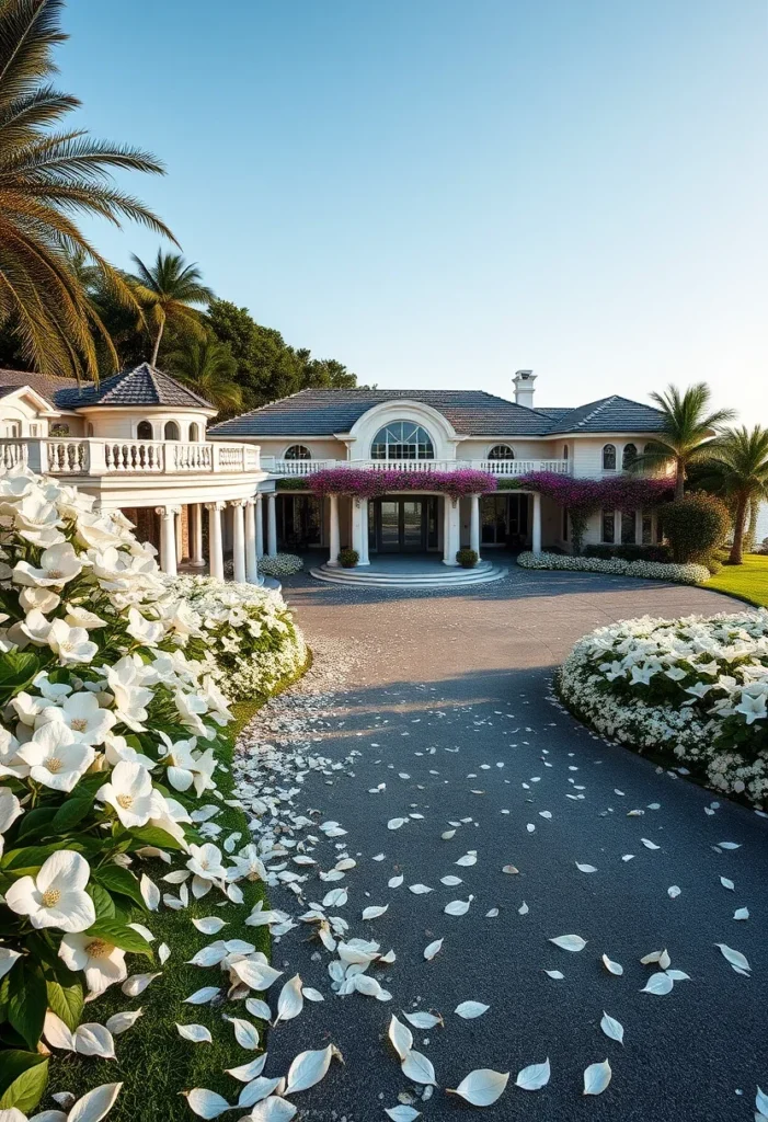 Tropical Luxury Mansion with Grand Entrance and Lush Landscaping.