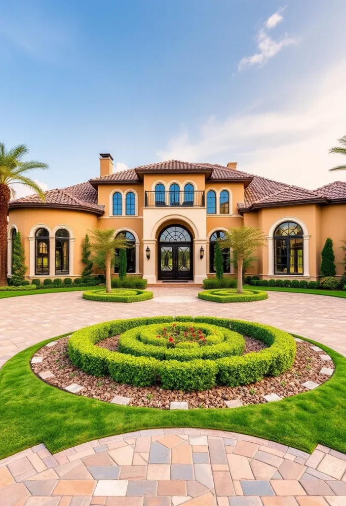 Mediterranean Style Luxury Mansion with Circular Driveway and Arched Windows.