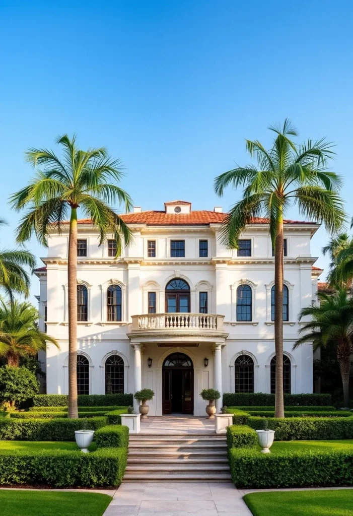 Palm Beach Style Luxury Mansion with Symmetrical Landscaping and Palm Trees.