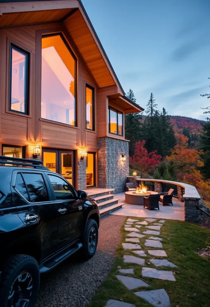 Modern Mountain Home with Unique Roofline and Fire Pit