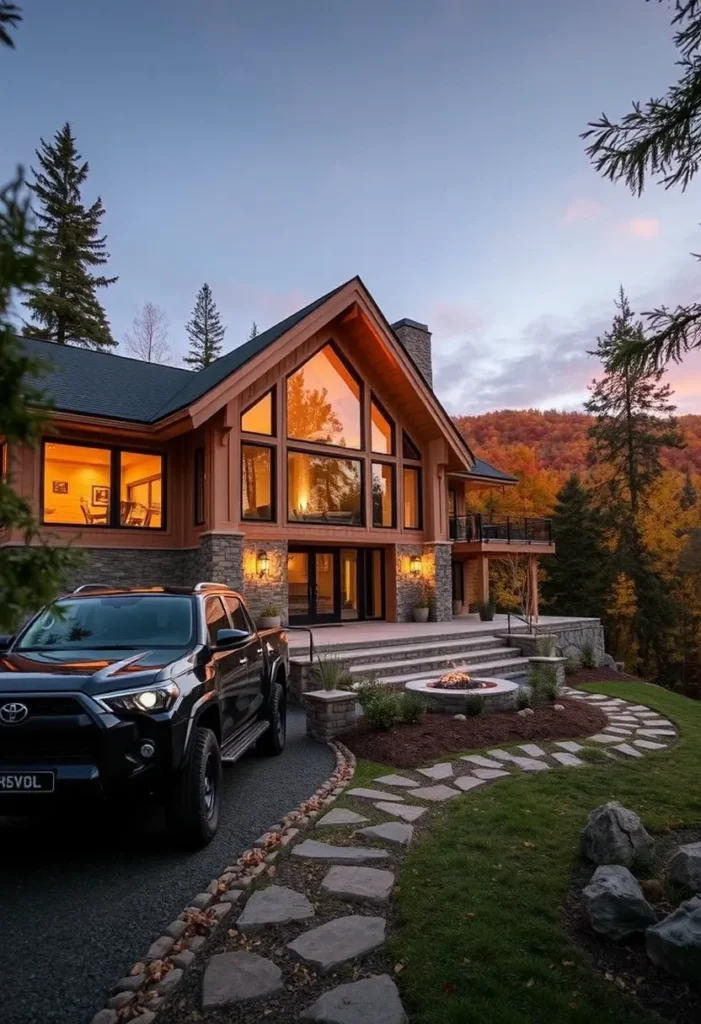 Modern Wood Cabin with Grand Stone Entrance and Fire Pit