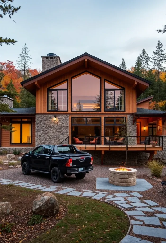 Modern Cabin with Contemporary Fire Pit and Large Windows