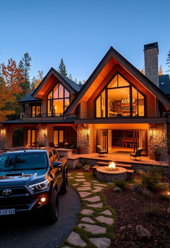 Modern Rustic Mountain Home with Stone Chimney and Fire Pit