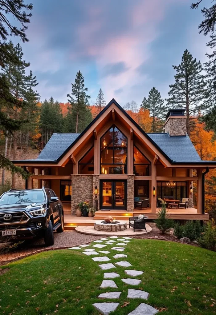 Modern Mountain Home with Stone and Timber Exterior and Fire Pit