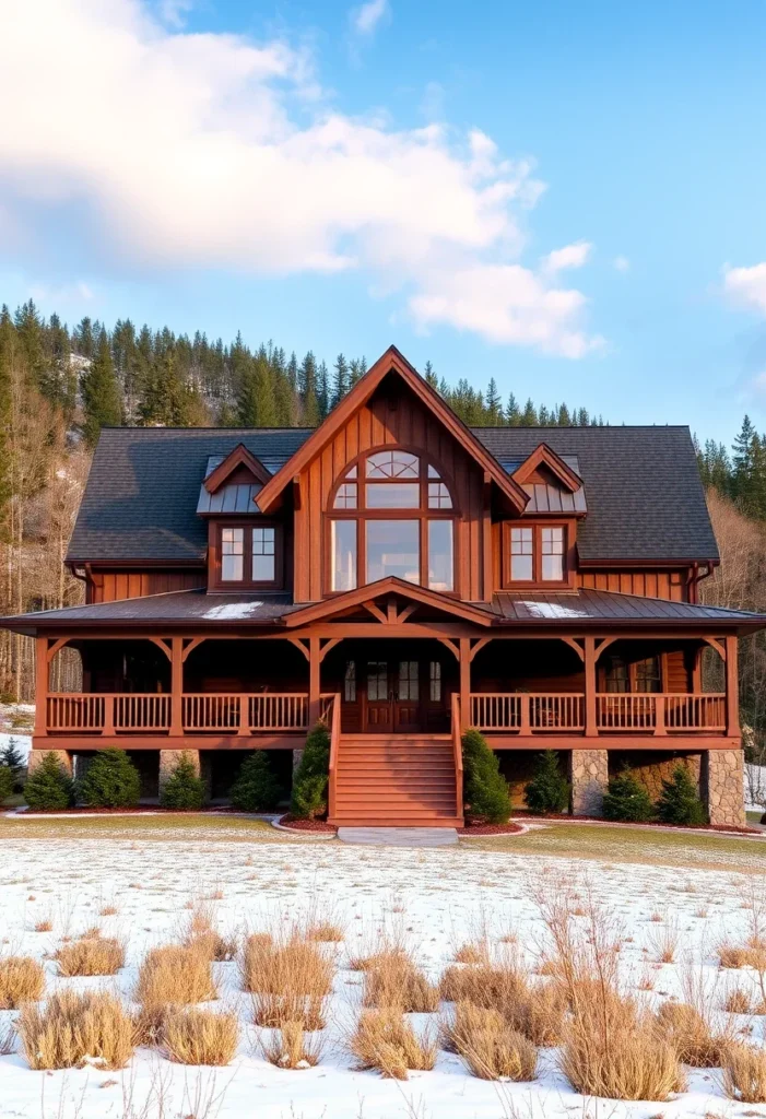 Luxury Mountain Cabin Exterior with Natural Wood Siding and Wrap-Around Porch