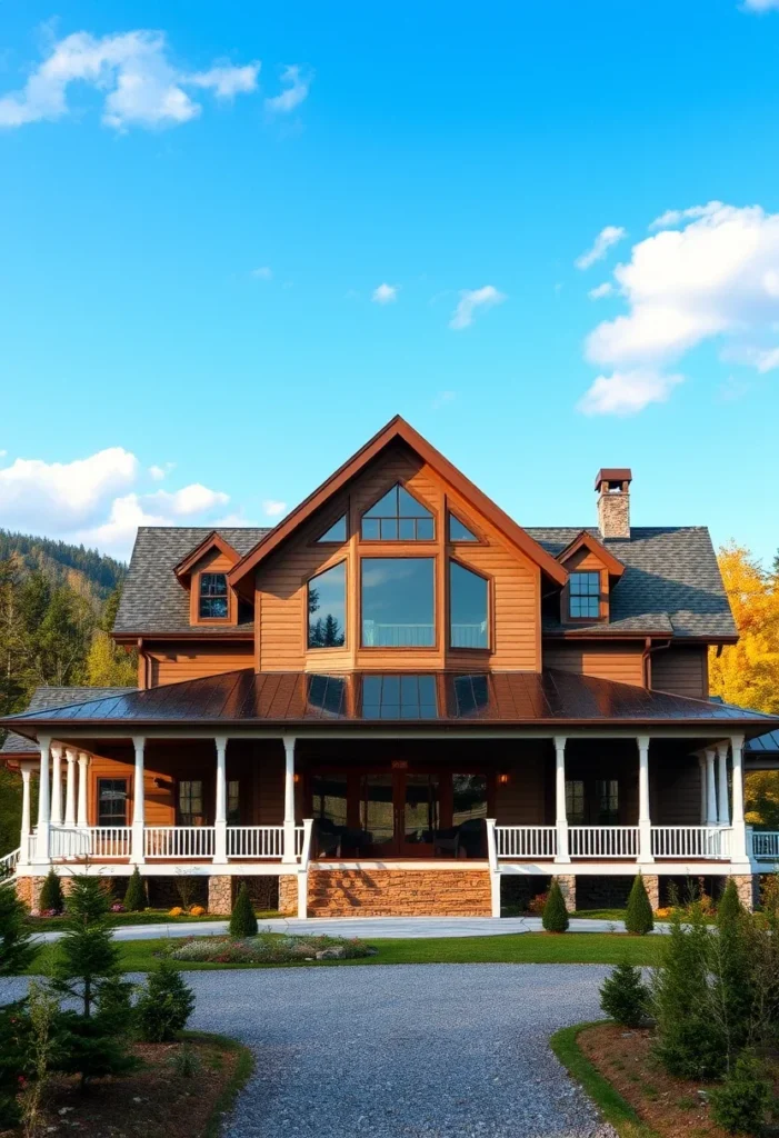 Luxury Mountain Cabin with Contrasting Light and Dark Exterior and Large Porch