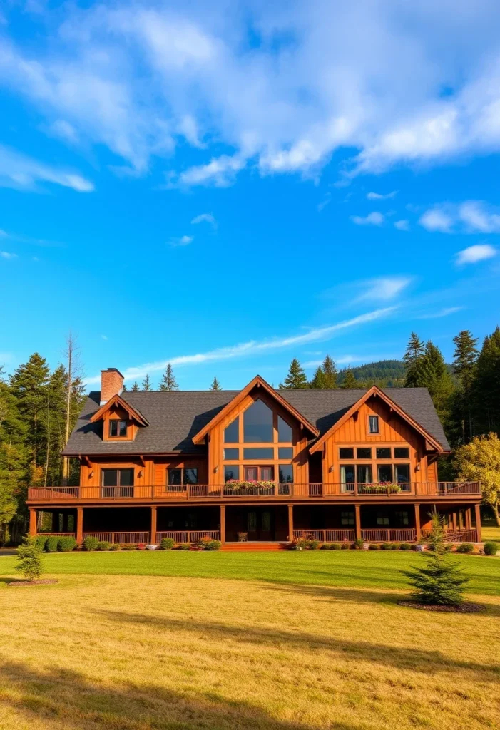 Large Luxury Mountain Cabin with Symmetrical Design and Expansive Lawn