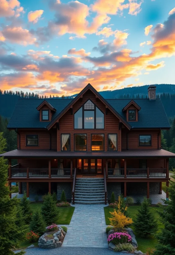 Luxury Mountain Cabin with Grand Staircase Entrance and Wrap-Around Porch