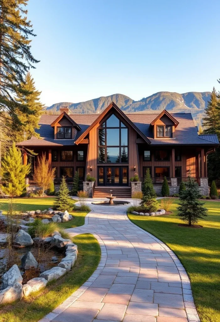 Luxury Mountain Cabin with Grand Entrance and Symmetrical Landscaping