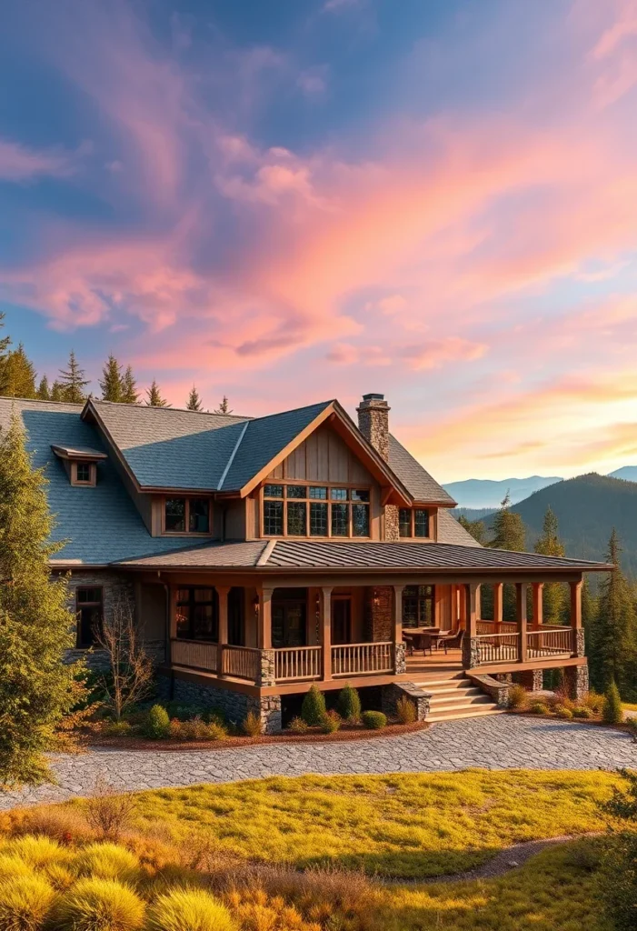 Craftsman Style Luxury Mountain Cabin with Wraparound Porch at Sunset