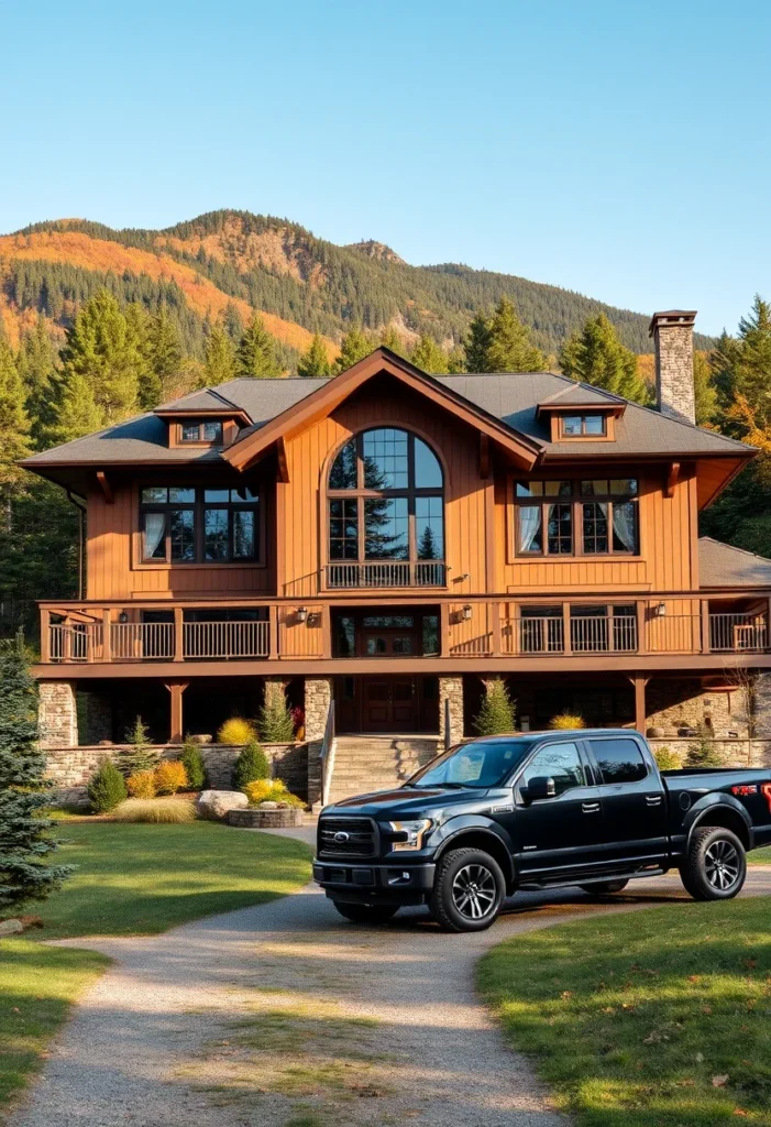 Luxury Mountain Cabin with Stone Foundation and Upper-Level Balcony